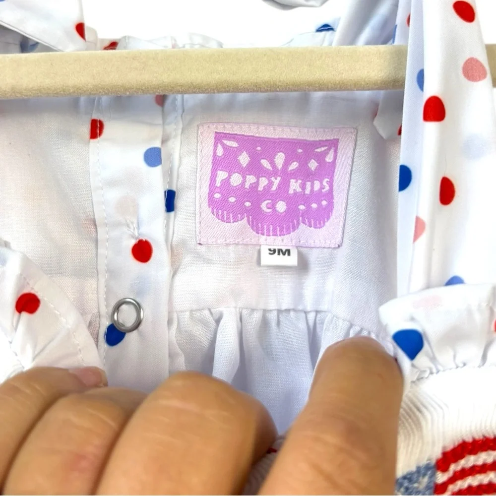 Poppy Kids Co Polka Dot Smocked Flag Bubble Patriotic 4th of July Cotton Size 9M